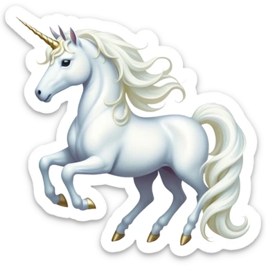 Cinematic Noble White Unicorn Portrait Emoji, Poised and regal, with a slender, ethereal form draped in a pristine white color, a flowing mane and tail, and a glistening, spiraled horn that radiates pure light, Simplified yet sharp and sophisticated features, highly detailed, glowing with a soft, iridescent luminescence, high shine, intelligent and transcendent, stylized with an air of mythical enchantment, focused and serene, soft glowing outline, capturing the essence of a watchful and confident white unicorn that appears ready to prance out of the screen with magical grace! sticker