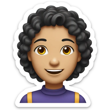 Create a cartoon-style emoji of a smiling woman with curly black hair, bright eyes, and a cheerful expression. Simplify features into a vibrant and friendly emoji design with a focus on the face and hair sticker
