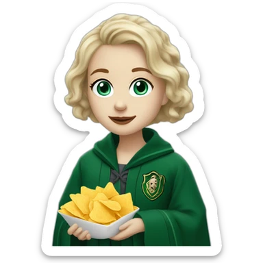 Blue eyes Slytherin girl with short wavy ash blonde hair eating chips and cheese hogwarts robe sticker