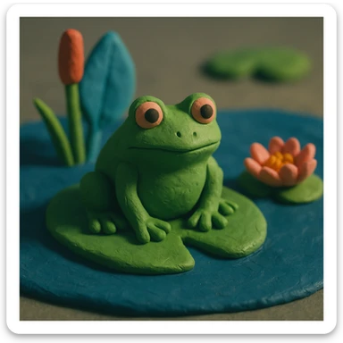 a green frog sitting on a lily pad, claymation style sticker