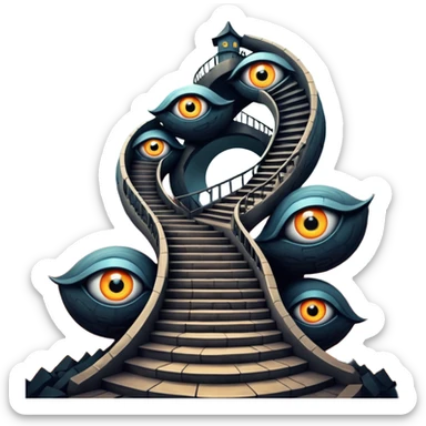 surreal hell, twisted staircases, giant eyes, warped architecture sticker