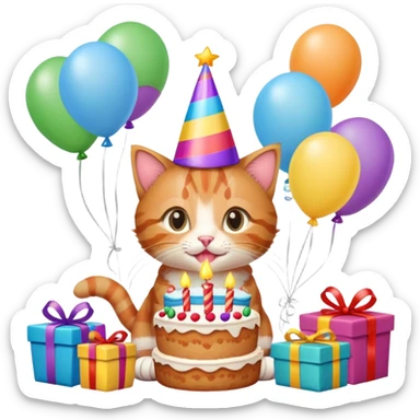Ginger tabby kitten celebrates birthday, birthday hat, birthday cake, balloons, happy, gifts sticker