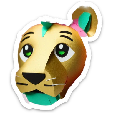 lion made of colourful cyan pink gold piñata paper strips with green eyes sticker