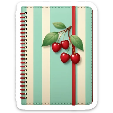 Cute vintage notebook cover, mint and cream vertical stripes, red spine
Hand-drawn cherries with leopard bow, playful feminine aesthetic
Flat illustration, clean composition, soft retro color palette sticker