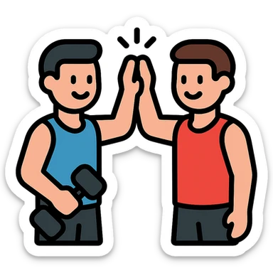 two male gym buddies high-fiving after a workout, clean lines, fitness theme, icon style sticker