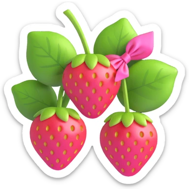 Two strawberries with green leaves, connected by stems, tied with a pink ribbon bow, shiny and glossy, on a white background in 3D iOS emoji style. sticker