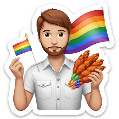 Guy with brown hair holding buffalo chicken wings and a gay pride flag sticker