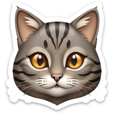 cinematic-cute-grey-and-black-brown-tabby-cat-portrait-emoji,-head-tilted-playfully-and-inquisitively,-sleek-grey-brown-fur-with-bold-black-tabby-stripes-and-a-distinctive-m-shaped-marking-on-the-forehead,-sparkling-amber-eyes,-simplified sticker