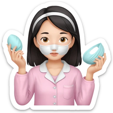 angelic asian girl doing skin care in baby pink pajamas, applying mask to her face sticker