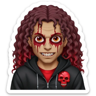 Vampire wearing black hoodie with a skull logo on it, long curly hair, brown skin, fanged teeth, blood under eye sockets/forehead, piercings on eyebrows, long curly hair with a patch (section) of red and blood on hands sticker