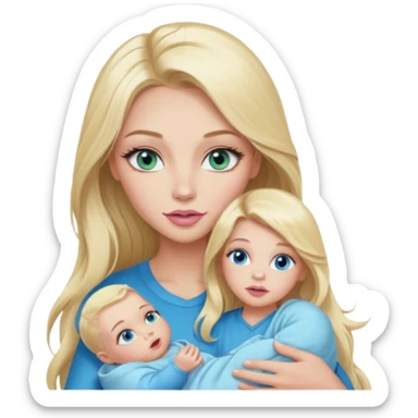 Blonde baddie with long hair Pretty makeup long lashes blue-green eyes ,   light pink lips holding baby Boy with blue eyes sticker