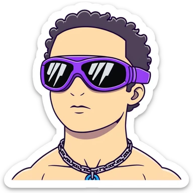 shirtless male athlete with white skin and moderately curly black hair on top with shaved sides, wearing purple ski goggles with black tinted lenses, and a simple plain black chain necklace, no earrings sticker
