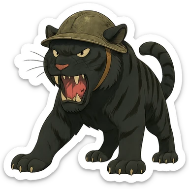 ghibli style illustration of a big black tiger, angry, wearing a helmet sticker