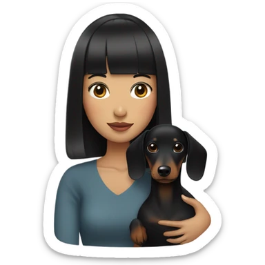Asian woman with black neat bangs hugging black dachshund sticker
