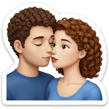 A couple kissing, the man would be white-skinned, mid fade-curly, brown-hair. The serious woman with white skin, brown color sticker