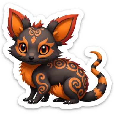 Rare warm-colored exotic cute epic aesthetic gothic colorful Salandit-Eevee-Civet-species-Fakemon-hybrid-creature, with tribal tattoo markings, full body sticker