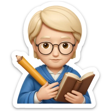 Apple Memoji-style 3D emoji of a philosopher in a thoughtful pose with a scroll or book, clean gradients, rounded shapes, no background.
 sticker