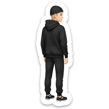 fullbody caucasian man in black hoodie on head, hands in pockets and black pants rear backview sticker
