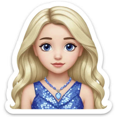 Sabrina Carpenter with long platinum blonde hair, periwinkle sequin dress and necklace sticker