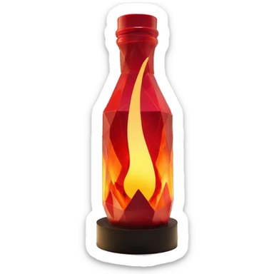 flame in a bottle sculpture symbolizing Sagittarius with a geometric, faceted design. The symbol is standing upright with angular and disney features. The vibrant red flame colors highlights the sharp edges and planes. sticker