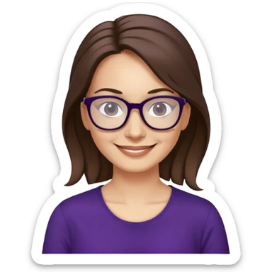 nữ 40 tuổi, da trắng, tóc dài được buộc gọn gàng màu nâu, mặt cười tươi vui vẻ, đeo kính màu đen, áo tím đậm sticker