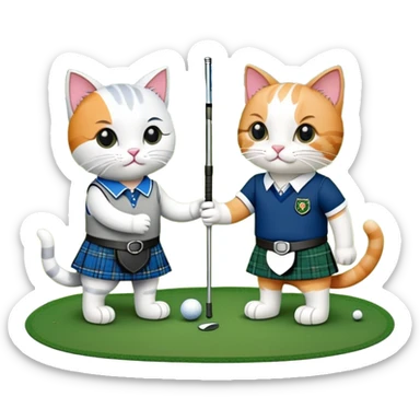 two cats in love playing golf in Scotland, wearing kilts, with a golf course and Scottish flag in the background sticker