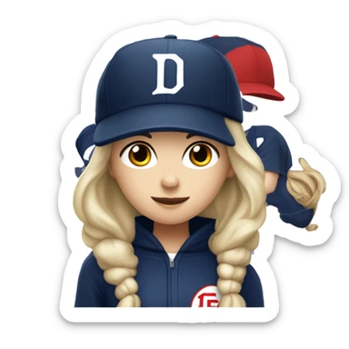 White girl with black long hair who wearing navy ballcap emblazoned with a red D initial and wearing baseball uniform sticker