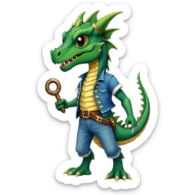 anthropomorphised dragon in a band t-shirt and jeans wearing a pirate eye-patch walking upright sticker