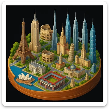 Оставь основу картинки - деревянную подставку, но при этом сгенерируй изометричная, яркая, детализированная и фотореалистичная иллюстрация где будет самые узнаваемые здания мира Эмпайр Стейт Билдинг, Эйфелева башня, Колизей, Сиднейская опера, стадион Сан-Сиро, Белый Дом Пизанская башня, здание МГУ, Бурдж-Халифа, Башни Петронас, Небоскрёб Фостера в Лондоне, Рейхстаг, Тайбэй sticker