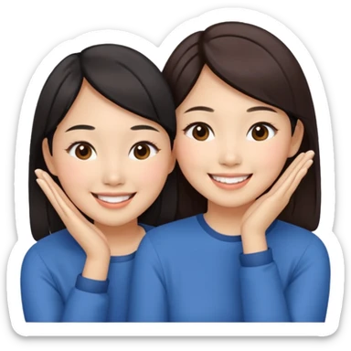 Two happy asian women beside each other touching their cheek sticker