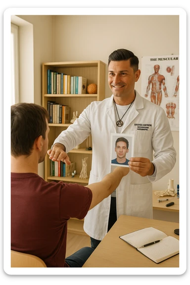 a middle-aged man, dressed in casual professional attire, is in a bright, organized therapy studio. Durante una visita di kinesiologia, il ragazzo tiene con una mano la foto di una persona lontana (il “testimone”) tiene la foto in mano, mentre con l’altra mano esegue un test muscolare su un cliente presente senza foto. Sullo sfondo si vedono libri di kinesiologia, poster anatomici e strumenti tipici della disciplina. L’atmosfera è concentrata e serena, con luce naturale che entra dalla finestra, sottolineando l’aspetto alternativo e umano della pratica. sticker