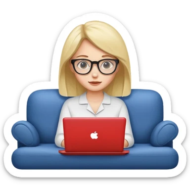 A girl is working with a laptop while lying horizontal on the sofa sticker