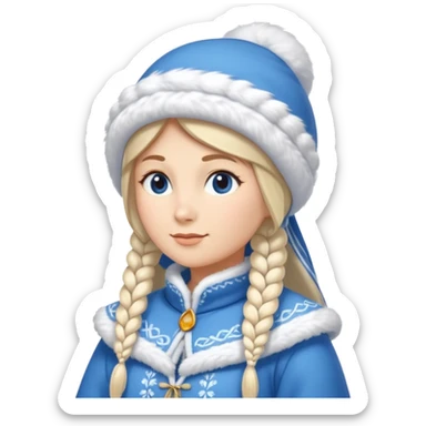 A cute Snow Maiden (Snegurochka) emoji, full body, standing in side view, wearing a traditional blue winter coat with white fur trim, long braid, and a kokoshnik-style winter hat. sticker