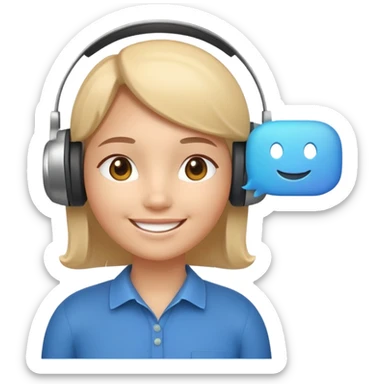 smiling face wearing a headset (support agent) with a floating chat bubble, subtle 3D look, soft shadows, rounded and glossy features, helpful and friendly expression, Apple-style lighting and gradients sticker