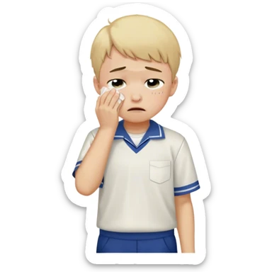 Create an emoji of a young boy student crying. He is wearing a school uniform, including a shirt and pants, and has short hair. The boy is visibly upset, with tears streaming down his face, and he is wiping his eyes with his hand. The background should be simple to emphasize his emotional state, conveying the feeling of being overwhelmed with school stress or personal struggles sticker
