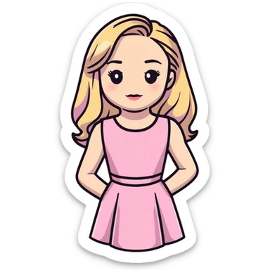 Sabrina Carpenter blonde singer in her Short n' Sweet era, pink dress and glamorous sticker
