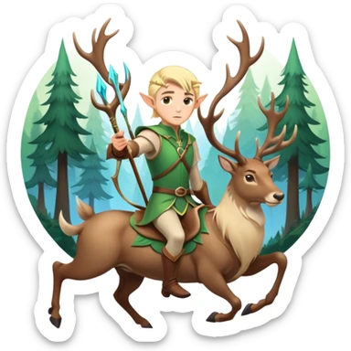 clash-of-clans-aesthetic-blond-male elf-archer-portrait-emoji, rendered in a flat, vector-style with minimal shading and bold, simplified shapes, head tilted slightly forward with a determined, focused expression, riding a majestic stag whose luminous antlers glow with mystical energy, set against an ancient, enchanted forest backdrop. sticker