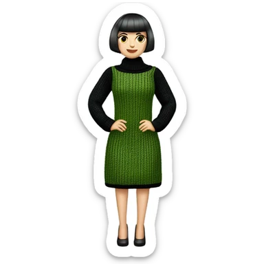 A Romanian woman with a short bob haircut featuring bangs and green eyes, wearing an elegant, straight-fit chunky knit dress with a twist pattern. She completes her look with black heels and dark brown shimmering stockings. sticker