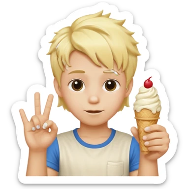A kid with blonde icecream hair with two hands that has 6 on the left hand and 7 on the right hand sticker