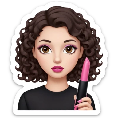 A dark brown hair little curl hair like 6 mm. roll looks so beautiful, she has an round and almond eyes with long and curl eyelashes in Douyin style, one of her hand carrying a lipstick looks similar to Rhode pink lip, her make up is cool tone and neutral style   sticker
