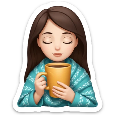 brunette girl wrapped in a cozy blanket, holding a coffee mug, eyes closed sticker