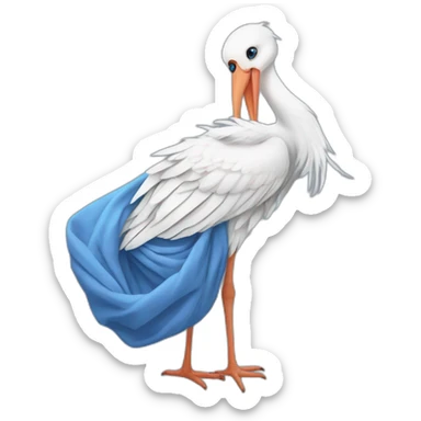 White stork carrying a blue bundle of cloth in its big beak that has a cute human person cute baby boy inside and his head is peeking from the fabric the strok is carrying in its beak sticker