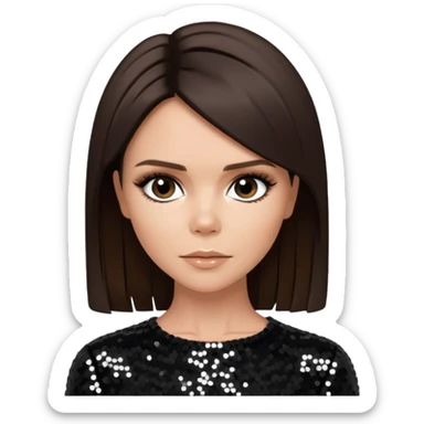 Victoria Beckham from Spice Girls with dark brown hair, black sequin outfit sticker