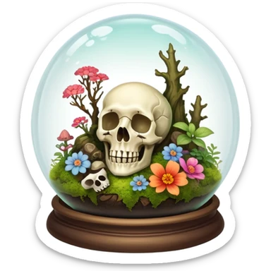 Mystical woodland glass-dome-terrarium-globe with moss and an animal-cadaver-skull and flowers inside  sticker