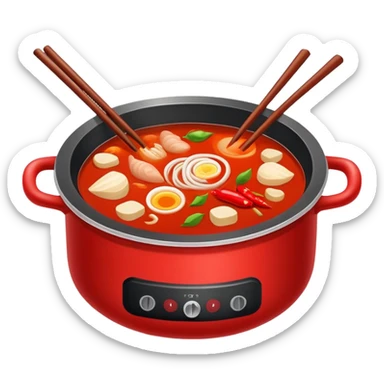 Chongqing hotpot with red spicy broth and ingredients, simplified emoji style with bold outlines and bright colors, cartoon style Chinese hot pot sticker
