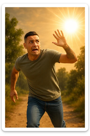 Uomo che corre via dal sole spaventato perchè pensa sia nocivo realistica sticker