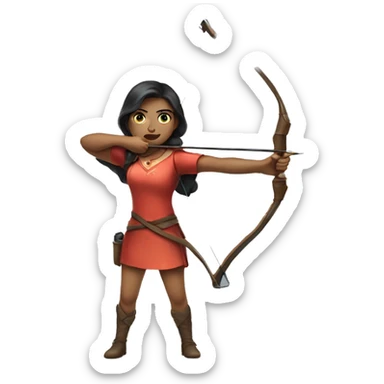 an archer aiming with a bow in her hand but no arrow, dark hair, bright skin, sticker