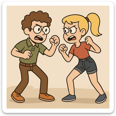 Fighting a boy brown Curly hair circle glasses green Pro polo brown jeans orange shoes and a girl Yellow ponytail hair red shirt high waisted dark blue denim shorts blue shoes sticker