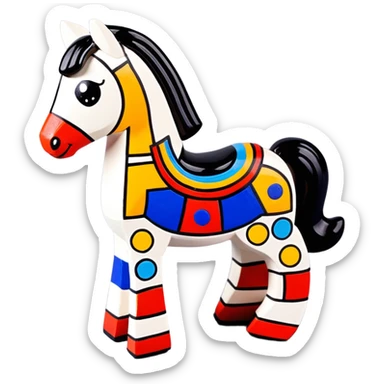 Dymkovo toy horse, traditional Russian clay figurine with colorful geometric patterns, white base with red, blue and yellow decorations sticker