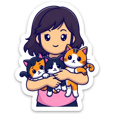 teenage girl with black hair with brown highlights with two cats that are tri-colored (black, orange, and white) sticker